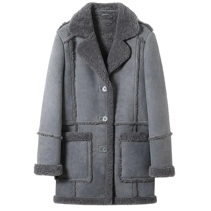 New Gray Women Lambskin Shearling Long Suede Aviator Leather Coat