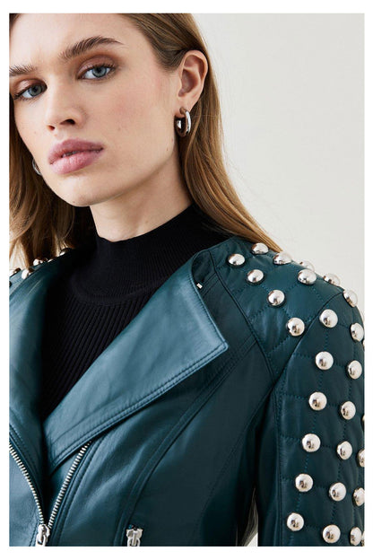 New Best Women Chocolat Green Motorcycle Style Silver Spiked Studded Leather Biker Jacket