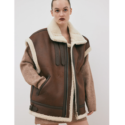 Women 2024 Chocolate Brown Sheepskin Shearling Aviator Leather Vest