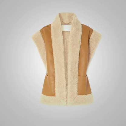 New 2024 Sheepskin Shearling Brown Thick Fur Leather Vest For Women's