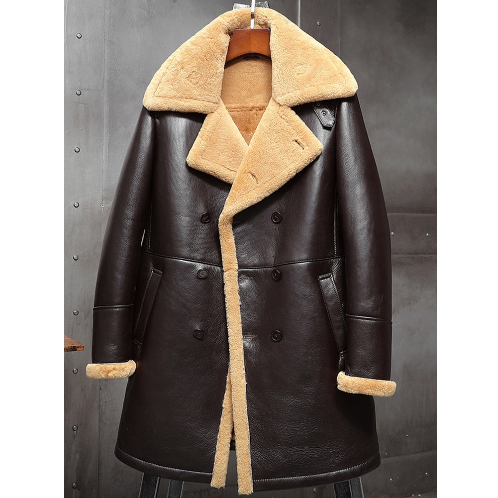 New Sheepskin Shearling Aviator Long Winter Fur Trench Leather Coat For Men