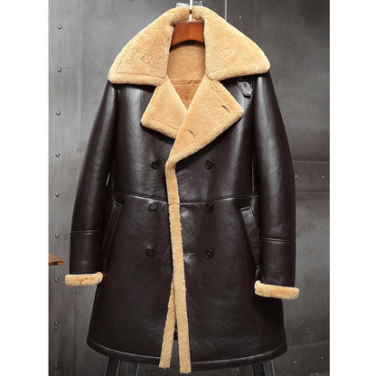 New Sheepskin Shearling Aviator Long Winter Fur Trench Leather Coat For Men