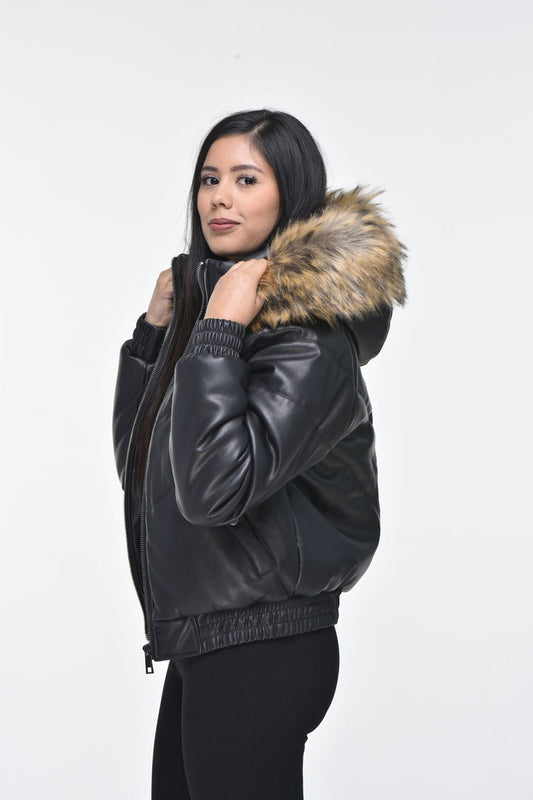 New stylish black fur leather jacket with hood for women