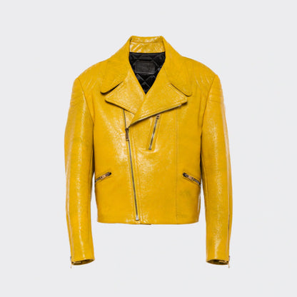 New Women Yellow Lambskin Aviator Genuine Leather Bomber Biker Jacket