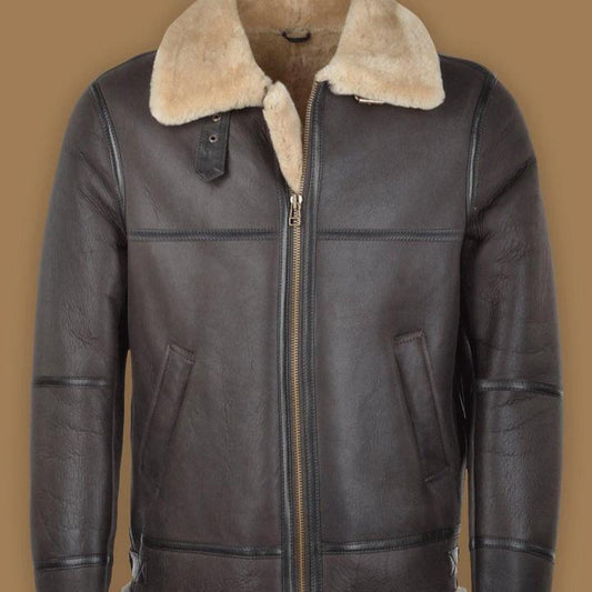 New Men's Sheepskin Shearling Dark Brown Leather Bomber Jacket