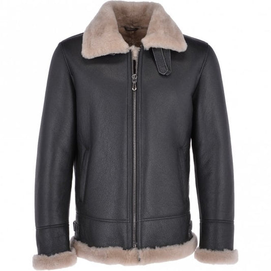 New Shearling Sheepskin Real Leather Black Bomber Jacket For Men 