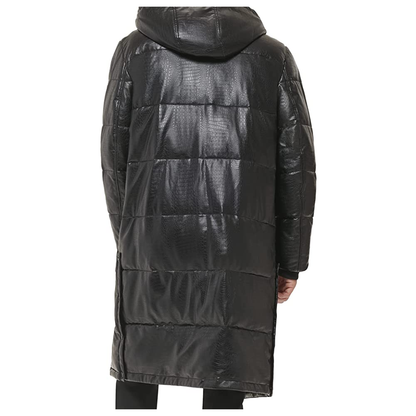Men's Black Trench Puffer Leather Coat With Snakeskin Texture