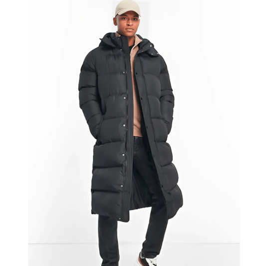 New Black Men's Hooded Trench Puffer Coat