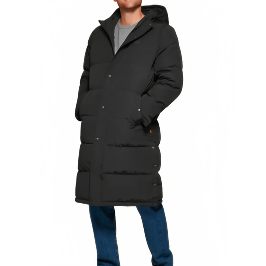 New Men's Black Trench Puffer Coat With Hood