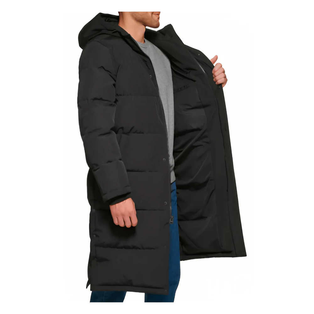 New Men's Black Trench Puffer Coat With Hood