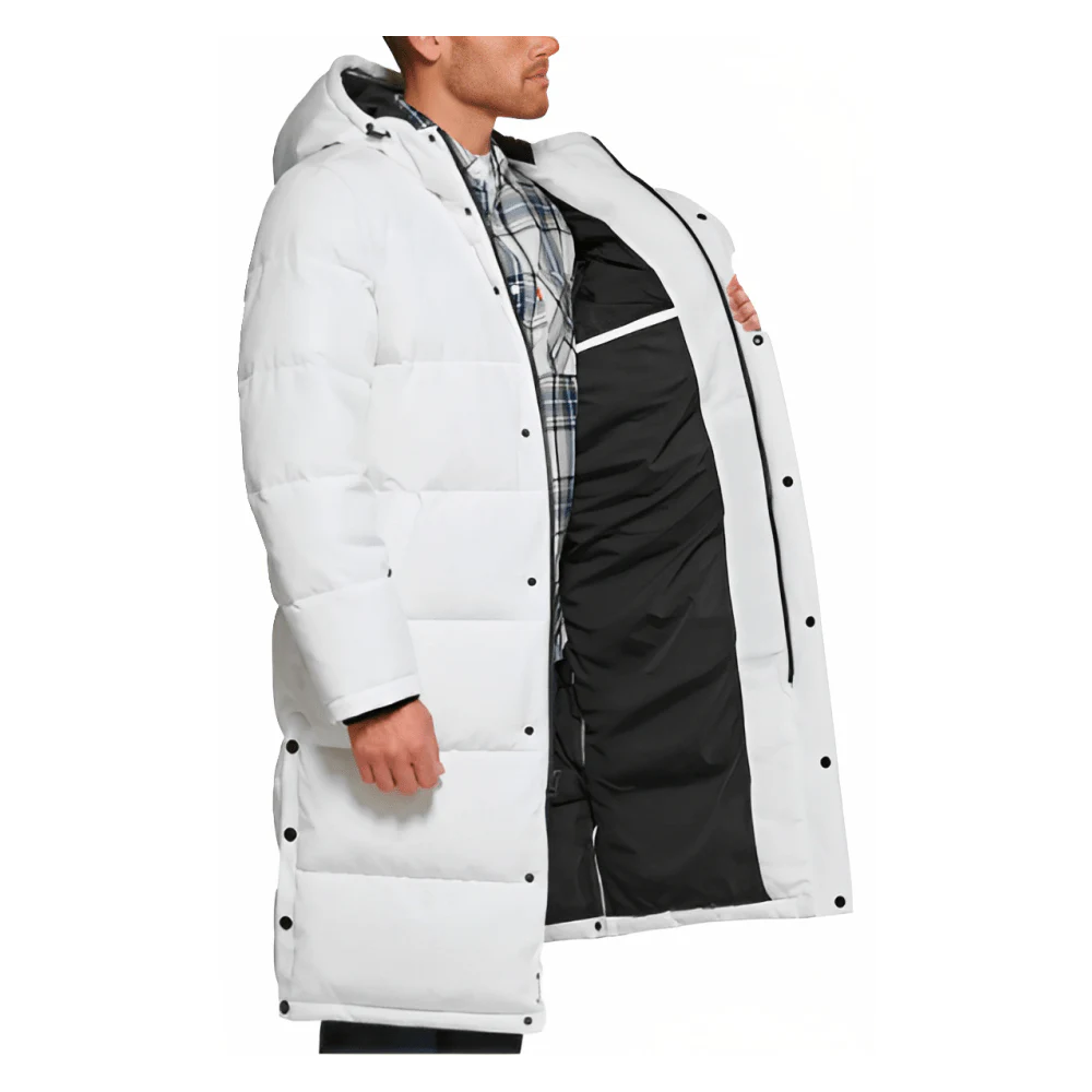 White Men's Puffer Trench Coat  With Hood