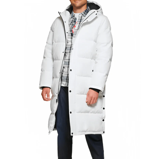 White Men's Puffer Trench Coat  With Hood