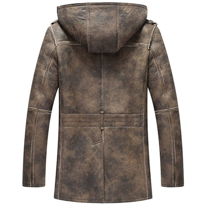 Mens Vintage Brown Sheepskin Shearling Genuine Leather B3 Bomber Hooded Long Fur Coat
