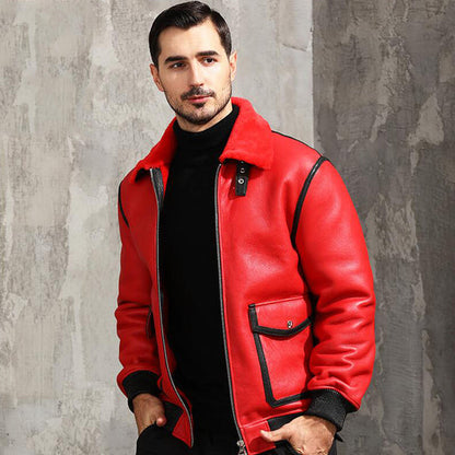 New Sheepskin Shearling Red Bomber Leather Jacket for men