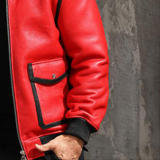 New Sheepskin Shearling Red Bomber Leather Jacket for men