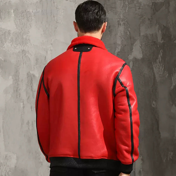 New Sheepskin Shearling Red Bomber Leather Jacket for men