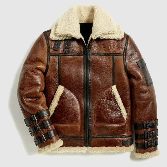 New Brown Men Sheepskin Winter Aviator RAF B3 Bomber Shearling Leather Jacket