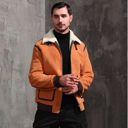 New stylish shearling bomber aviator leather jacket for men