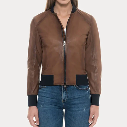 New Women Sugar Brown Lambskin Soft Leather Bomber Jacket