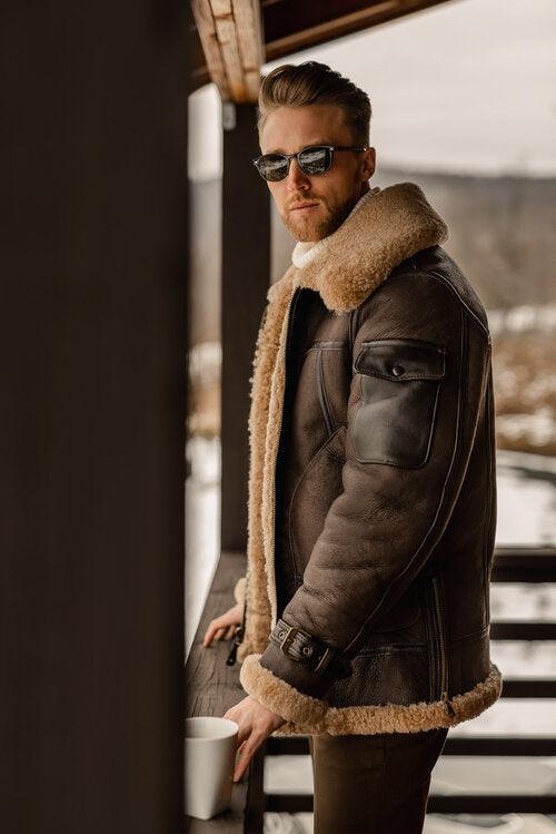 New Mens Sheepskin Brown B3 Shearling Flying Aviator Leather Bomber Long Jacket & Coat