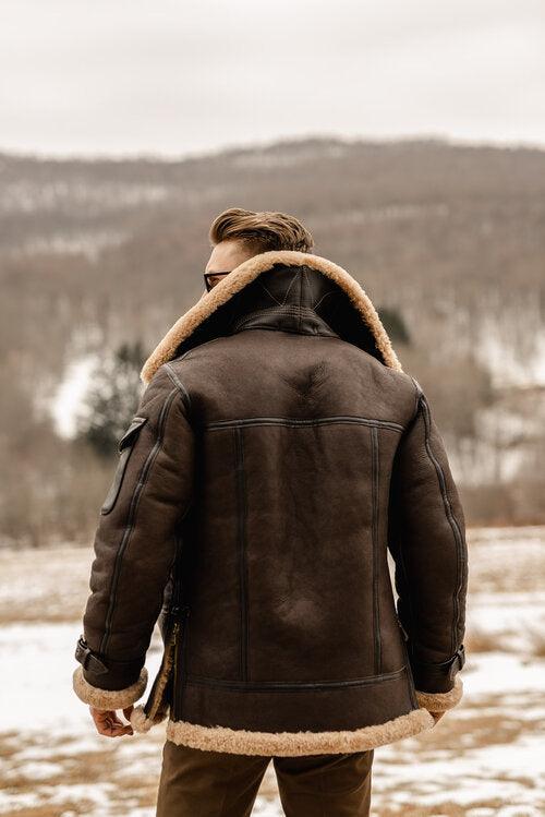 New Mens Sheepskin Brown B3 Shearling Flying Aviator Leather Bomber Long Jacket & Coat