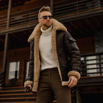 New Mens Sheepskin Brown B3 Shearling Flying Aviator Leather Bomber Long Jacket & Coat