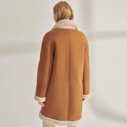 New Women's Brown Shearling Suede Leather Long Coat
