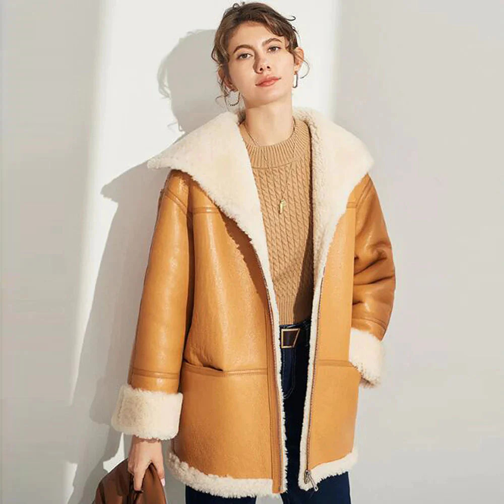 Women Brown Sheepskin Shearling Leather Coat