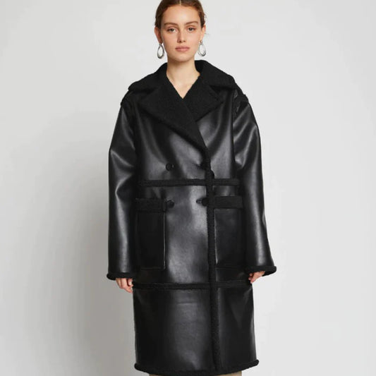 Women's Black Duster Sherpa Leather Trench Shearling Coat