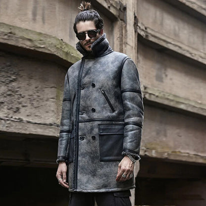 New Men Lambskin Shearling Leather Coat with Turn Down Collar