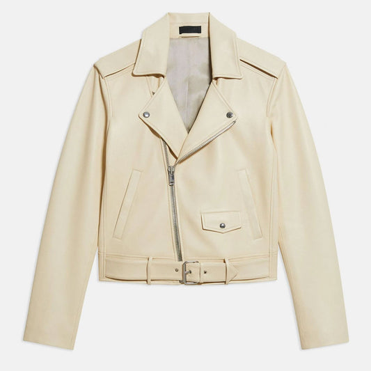 New White Women's Lambskin Motorcycle Aviator Leather Riding Biker Jacket