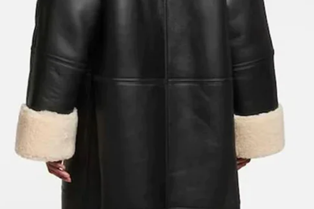 New Women Lambskin Black Shearling Leather Long Coat With White Fur