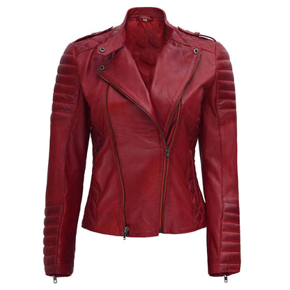 New Red Women's Lambskin Leather Motorcycle Biker Jacket