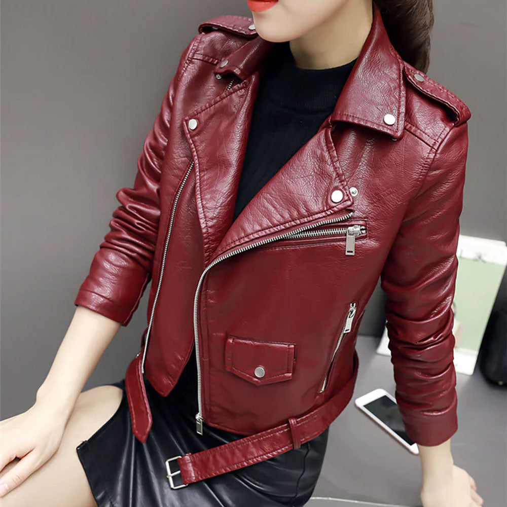 New Sheepskin Red Women's Leather Motorcycle Leather Biker Jacket