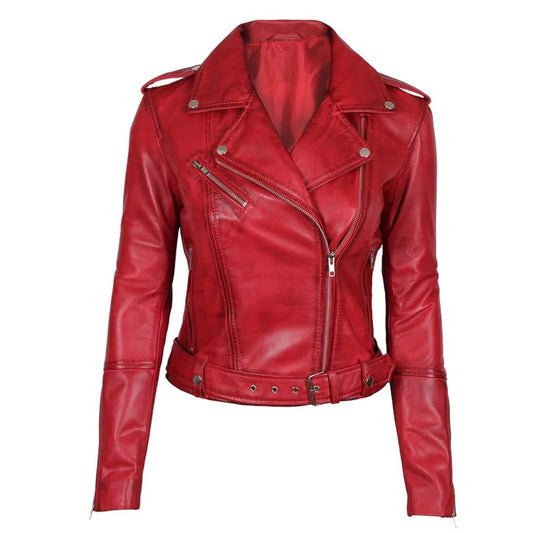 Women Stylish Lambskin Red Motorcycle Leather Biker Jacket