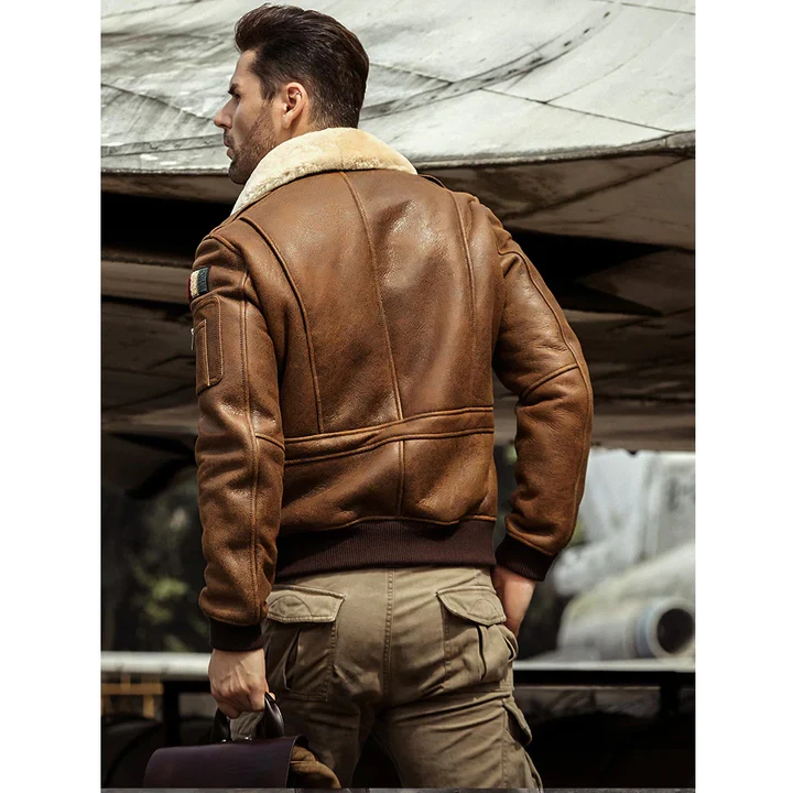 New Brown B3 Airforce Embroidered  Sheepskin Leather Bomber Jacket For Men