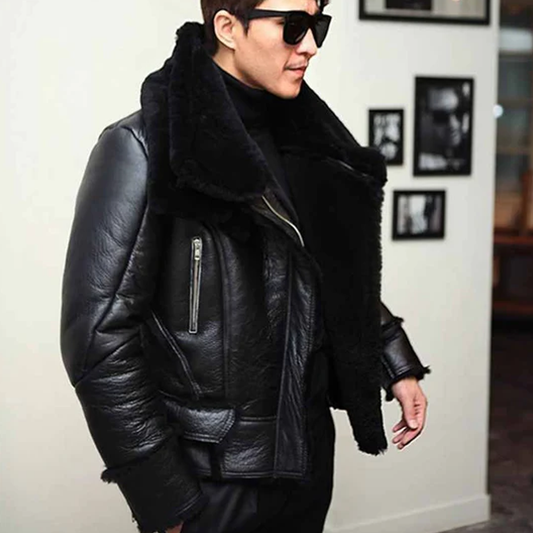 New Men Winter B3 Bomber Jacket Wool Lamb Fur Aviator Leather Jacket