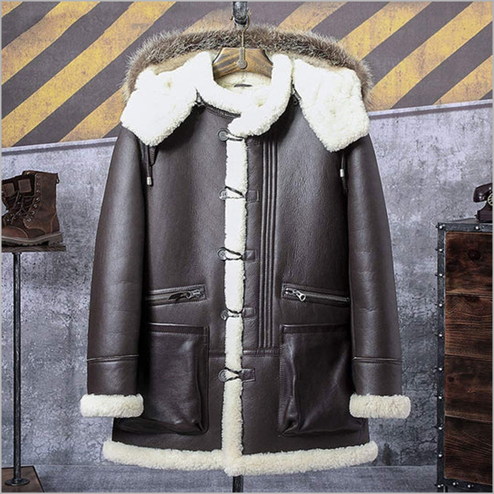 B3 Bomber Jacket Hooded Leather Jacket Lumbskin Shearling Coat For Men