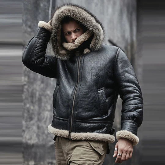 New Men's Black Sheepskin Hooded Aviator B3 RAF Shearling Leather Jacket