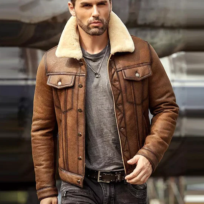 New Brown Lambskin RAF B3 Bomber Trucker Shearling Leather Jacket For Men