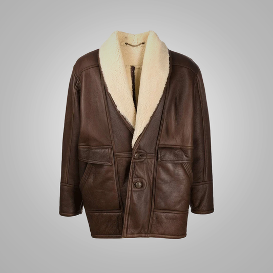Men Vintage Brown Leather Sheepskin Shearling Genuine Leather Jacket
