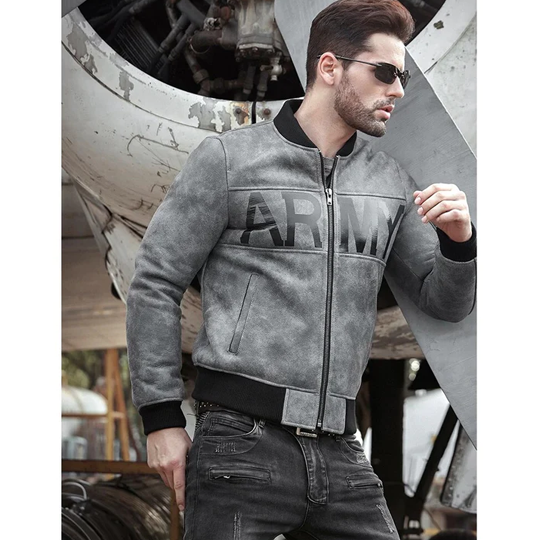 Mens New Army Shearling Lambskin Grey B3 Bomber Leather Jacket