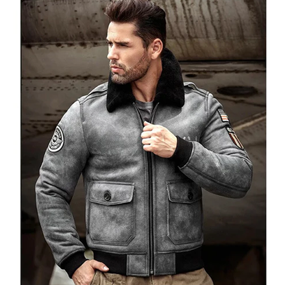 New Mens B3 RAF Flight Sheepskin Grey Shearling Leather Jacket Coat With Black Fur