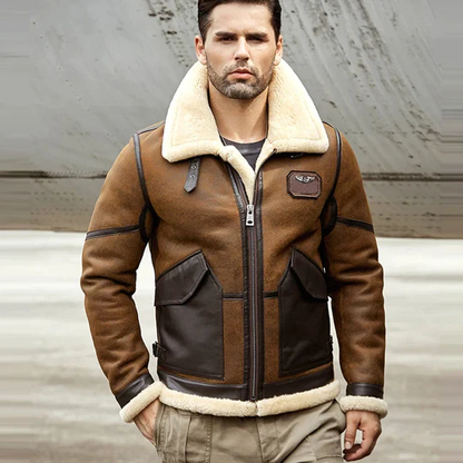 New Brown 2023 Men B6 RAF Sheepskin Flight Shearling Leather Bomber Jacket