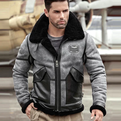 Mens Shearling Sheepskin RAF Airforce Pilot Aviator Leather Jacket With Black Fur collar