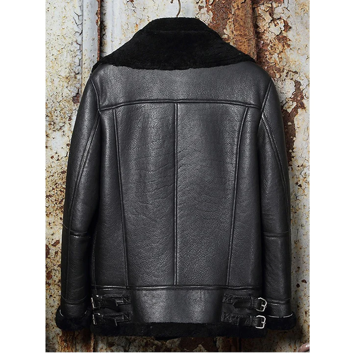 Men B3 Classic Sheepskin Shearling Motorcycle Bomber Leather Jacket With Black Fur