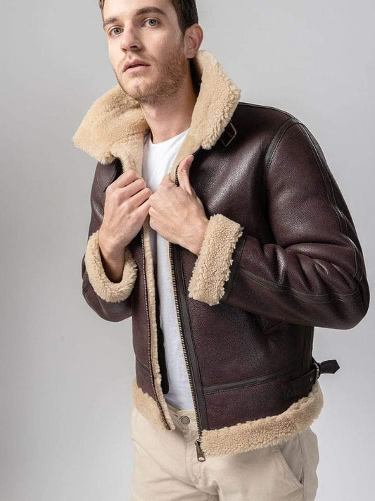 New Brown B3 Fur Flying RAF Aviator Shearling Sheepskin Leather Bomber Jacket For Men