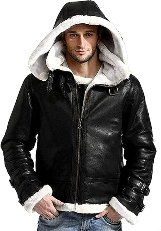 New B3 Winter WW2 Aviator Fighter Pilots RAF Sheepskin Shearling Bomber White Fur Stylish Black Leather Jacket For Men 