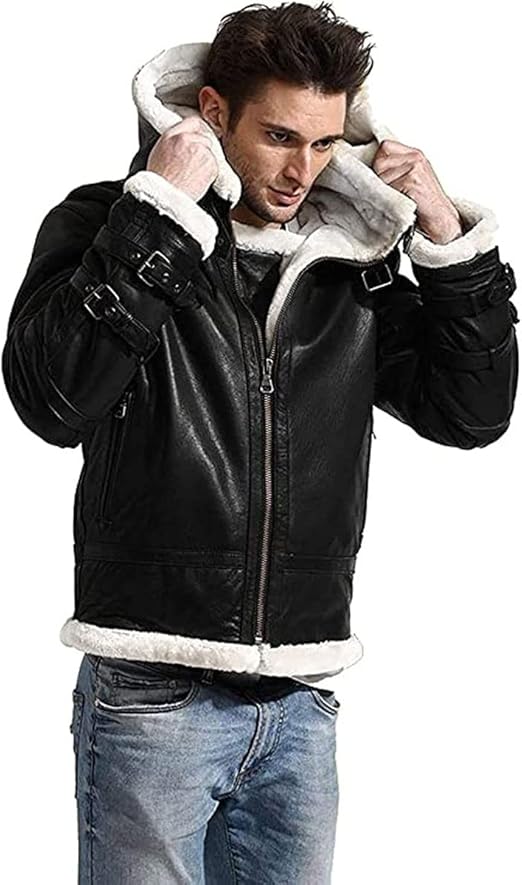 New B3 Winter WW2 Aviator Fighter Pilots RAF Sheepskin Shearling Bomber White Fur Stylish Black Leather Jacket For Men 