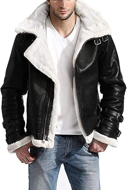 New B3 Winter WW2 Aviator Fighter Pilots RAF Sheepskin Shearling Bomber White Fur Stylish Black Leather Jacket For Men 